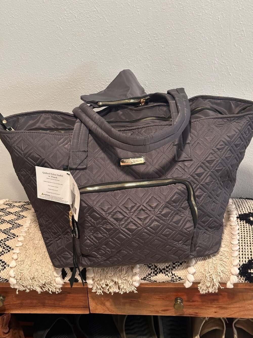 #1 Adrienne Vittadini Grey Quilted Nylon Duffel Bag with Detachable Pouch